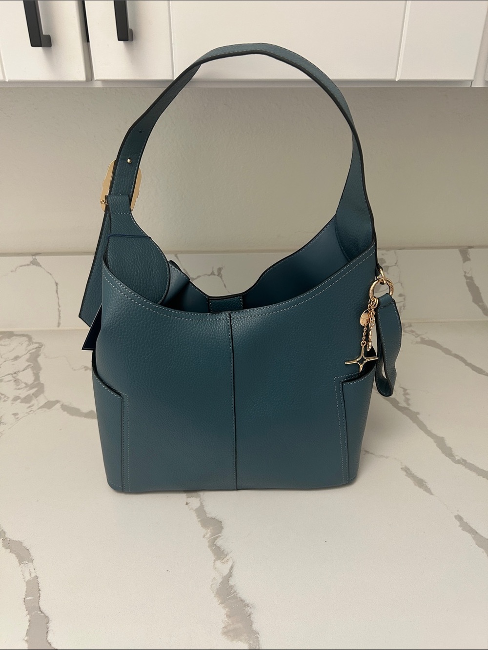 Teal Pebbled Leather Shoulder Hobo with Gold Charm